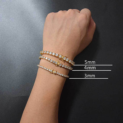 Hip Hop Iced Out Tennis Chain Bracelet, 18K Gold & White Gold Plated, 3–6mm CZ Iced Out Bling Jewelry