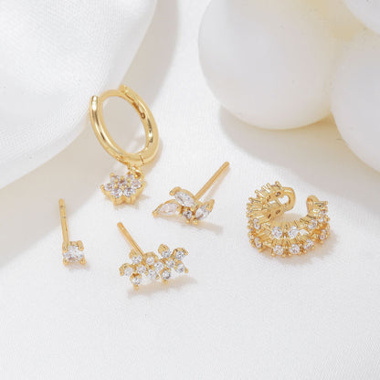 5 Pieces Floral & Geometric Zirconia Earring Set, 18k Gold Plated Studs, Drops & Hoops,  S925 Needle, Stacked Lobe Designs with Dazzling Zirconia