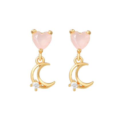 16 Pairs Pink Heart Stud Hoop Huggies Drop Earrings Set, 18K Gold Plated Stacking CZ & Pearl Designs, Planet Snowflake Moon Star
