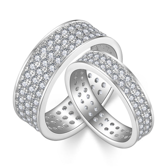 S925 Moissanite Matching Couple Eternity Bands Wedding Rings, Two-Row 1ct & Three-Row 1.8ct, D-Grade VVS, 18K White Gold Plated Unisex Rings