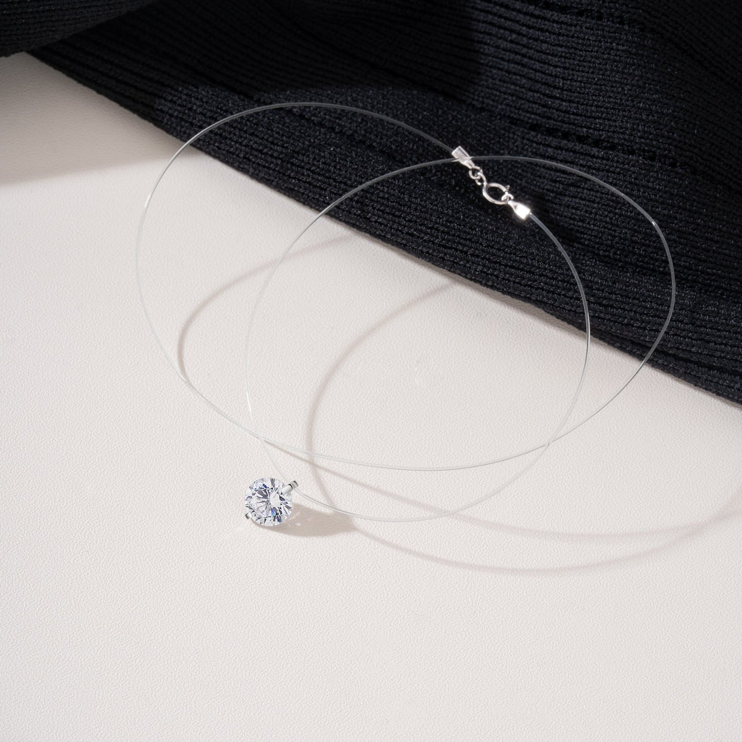 S925 Mermaid Tear Floating CZ Necklace, Sterling Silver Invisible Fishing Line 6-8mm Cubic Zirconia Pendant, 40+5cm Adjustable Dainty Minimalist Choker