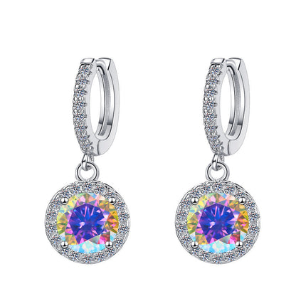 S925 Colorful Moissanite/CZ Round Halo Drop Earrings, 1ct D-Grade VVS Certificate, Hypoallergenic Sterling Silver Gift