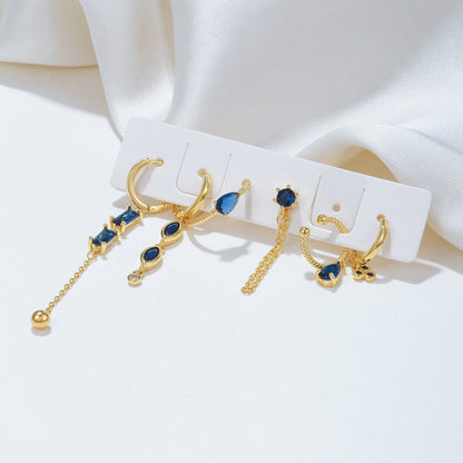 6 Pieces Long Tassel Vintage Earring Set with Micro-Pavé Dazzling Blue Zircons, 18k Gold Plated Ear Studs & Ear Drops, S925 Needle, Stacked Lobe Designs with Dazzling Zirconia