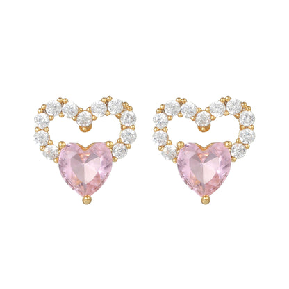 16 Pairs Pink Heart Stud Hoop Huggies Drop Earrings Set, 18K Gold Plated Stacking CZ & Pearl Designs, Planet Snowflake Moon Star