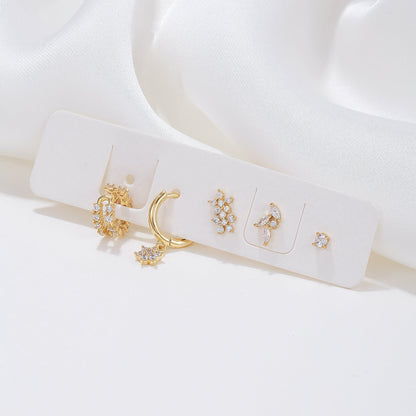 5 Pieces Floral & Geometric Zirconia Earring Set, 18k Gold Plated Studs, Drops & Hoops,  S925 Needle, Stacked Lobe Designs with Dazzling Zirconia