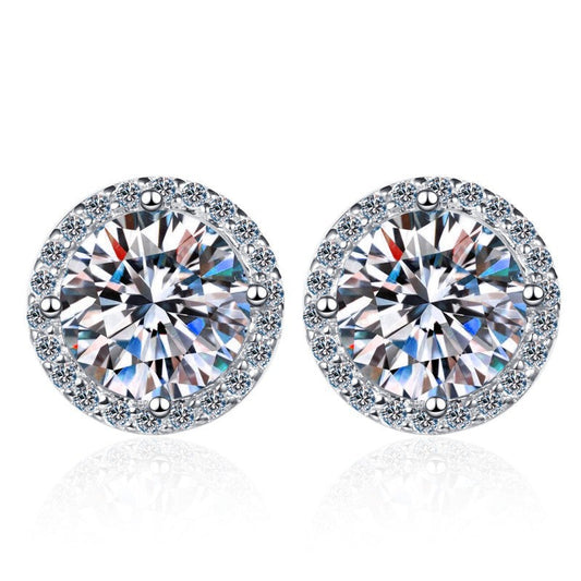 S925 White Moissanite Halo Stud Earrings, Sterling Silver D-Grade VVS Round-Cut Certificated Moissanite Jewelry for Men & Women, Simple & Stylish Gift for Wedding, Birthday, Anniversary