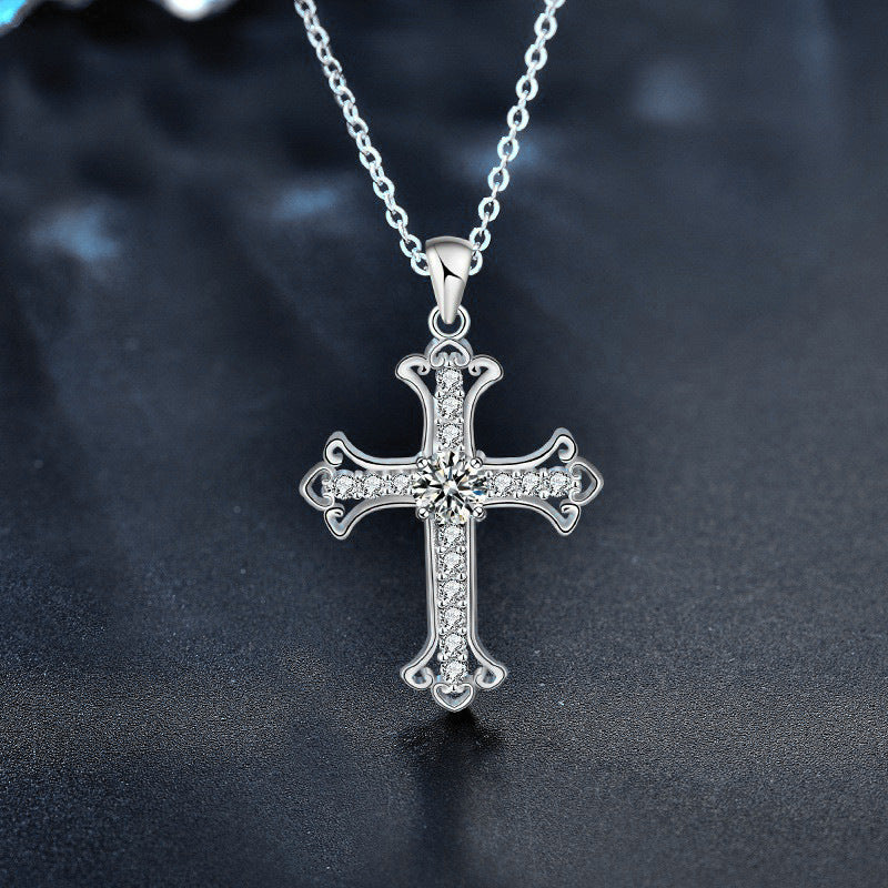S925 Sterling Silver Moissanite Cross Necklace for Men and Women – Delicate Cross Pendant Elegant Collarbone Chain
