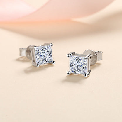 S925 Square Princess Cut CZ or Moissanite Stud Earrings, 0.6-2ct Sterling Silver Hypoallergenic Zirconia Gift for Her Him