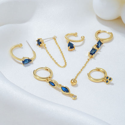 6 Pieces Long Tassel Vintage Earring Set with Micro-Pavé Dazzling Blue Zircons, 18k Gold Plated Ear Studs & Ear Drops, S925 Needle, Stacked Lobe Designs with Dazzling Zirconia