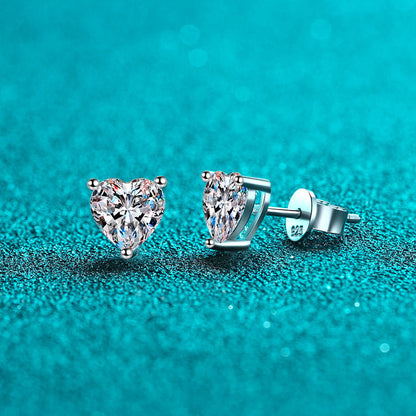 S925 Moissanite/CZ Heart Shape Stud Earrings, 1-2ct D-Grade VVS Certificate, Hypoallergenic Sterling Silver Gift