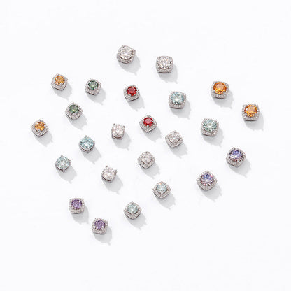 S925 Magnetic Multicolor Moissanite Square Halo Stud Earrings for Men Women,  0.5/1ct Round Cut, Inlaid Magnetic Earrings Non-Piercing Clip On Stud Earring