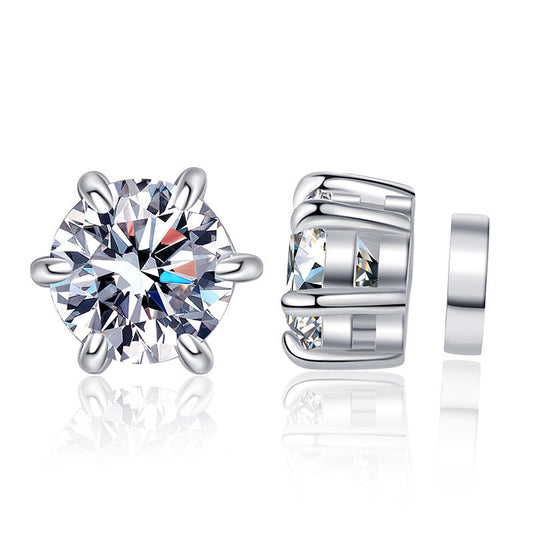 S925 Magnetic Moissanite / CZ Stud Earrings for Men Women, 1ct 6.5mm 6-Prong Round Cut, Inlaid Magnetic Earrings Non-Piercing Clip On Stud Earring