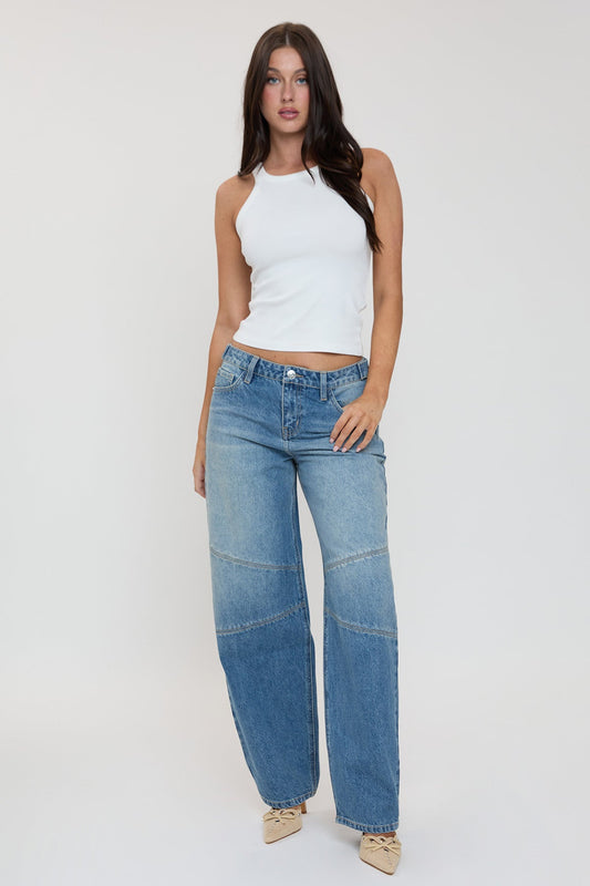 Women's Moto Relaxed Rise Baggy Barrel Jeans with Seam Detail