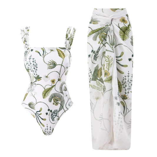 2-Piece Women Brazilian Floral Printed Ruffle Bikinis Strappy Bandage Swimwear