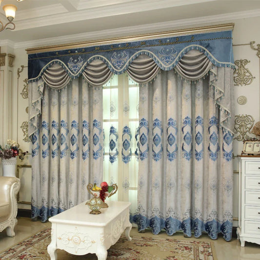 Blue Chenille European Embroidery Curtains Retro Print Luxury