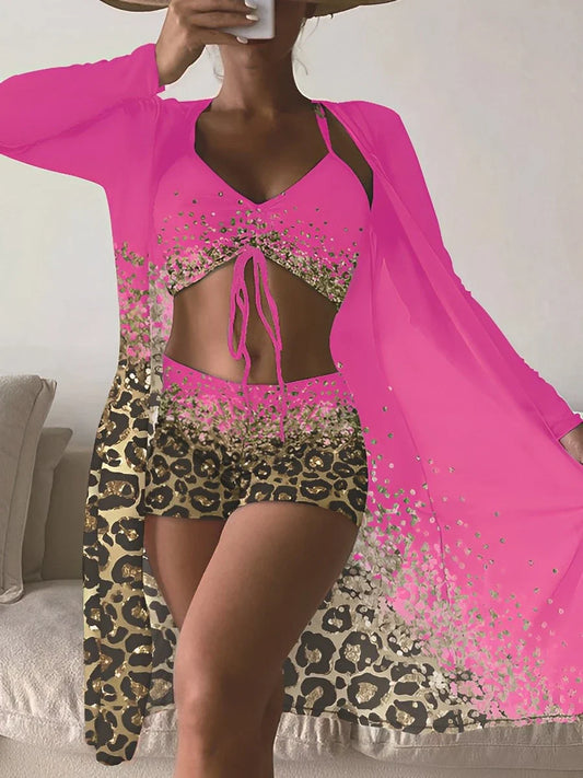 3 Pieces High Waist Bikini Printed Swimsuit Women & Kimono Swimwear