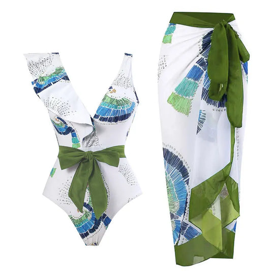 2-Piece Women Brazilian Floral Printed Ruffle Bikinis Strappy Bandage Swimwear