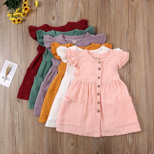 0-6Years Toddler Kid Baby Girl Summer Dress Ruffles Sleeves Cotton Button Pocket Dress Sundress