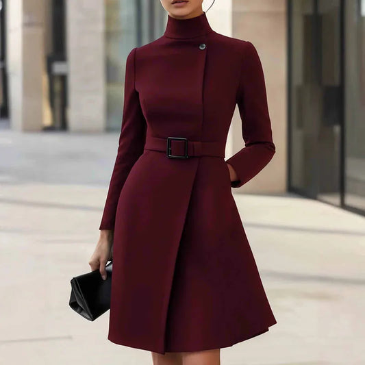 Autumn/Winter Turtleneck Solid Elegant A-Line Dress Button High Waist Pocket Long Sleeve