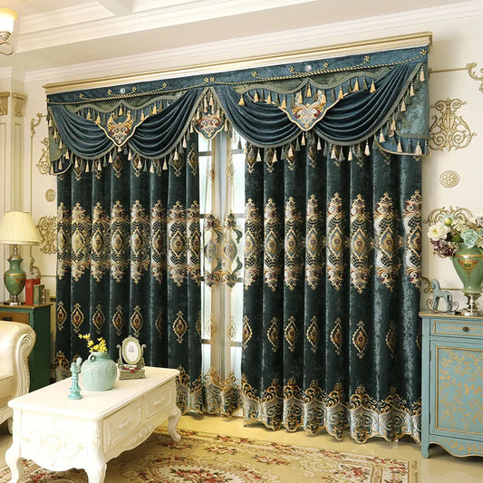Blue Chenille European Embroidery Curtains Retro Print Luxury
