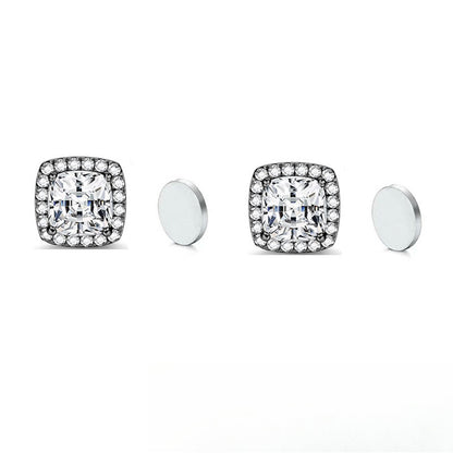 Stainless Steel Magnetic CZ Square Halo Stud Earrings for Men Women, Square Cubic Zirconia Inlaid Magnetic Earrings Non-Piercing Clip On Stud Earring