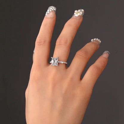 S925 Radiant Cut Moissanite & High Carbon Engagement Ring with Pavé-Set Band, 1-3 Carat VVS1 D-Color Certified, Four-Prong Sterling Silver Ring