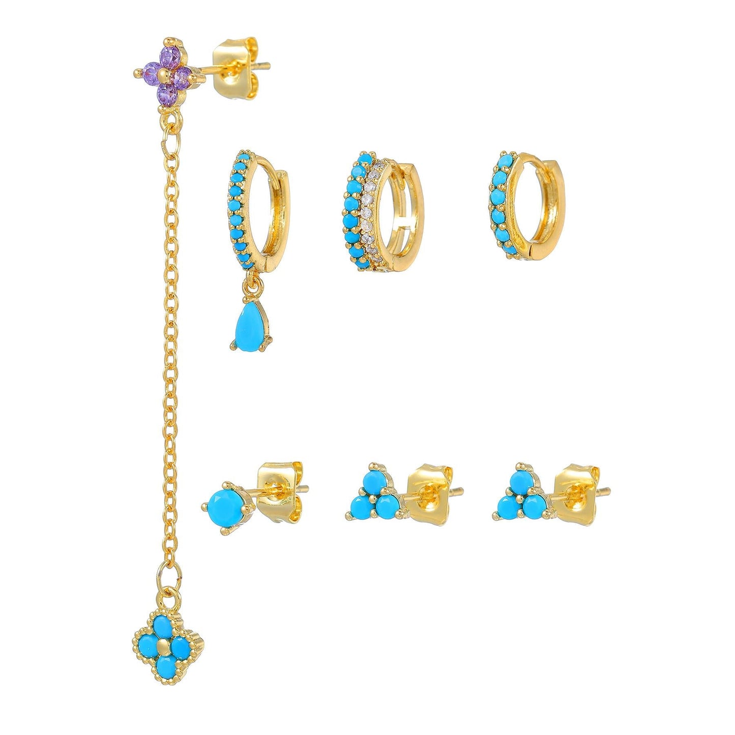 Multi Sets of Blue Flower Pierced Earrings, 4-6pcs, 18k Gold Plated Stud Drop Hoop Huggie Cuff Chain, S925 Needle, Stacked Lobe Designs with Dazzling Zirconia