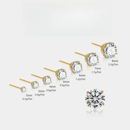 S925 Dazzling Classic 4-Prong CZ Stud Earrings, 2-8mm Round Cubic Zirconia Sterling Silver Earrings, 4 Color Options, Unisex Men Women Daily