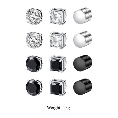 Multi Sets of Stainless Steel Magnetic CZ Stud Earrings for Men Women, 6mm Cubic Zirconia Inlaid Hypoallergenic Earring Packs, Non-Piercing Clip On Earring Combo