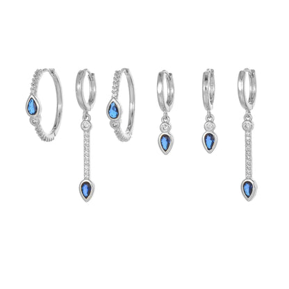 Multi Sets of Blue Flower Pierced Earrings, 4-6pcs, 18k Gold Plated Stud Drop Hoop Huggie Cuff Chain, S925 Needle, Stacked Lobe Designs with Dazzling Zirconia