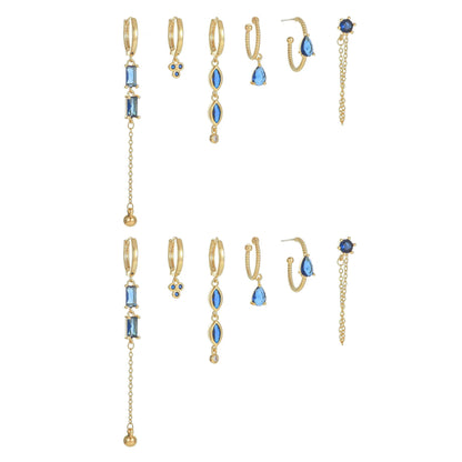 6 Pieces Long Tassel Vintage Earring Set with Micro-Pavé Dazzling Blue Zircons, 18k Gold Plated Ear Studs & Ear Drops, S925 Needle, Stacked Lobe Designs with Dazzling Zirconia