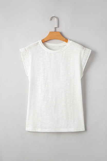 White Lace Patchwork Cap Sleeve Round Neck Top