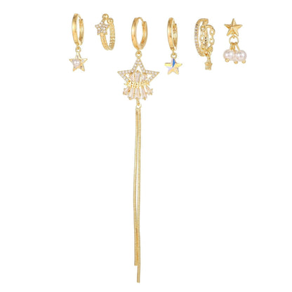 Multi Sets of Chic Star&Moon Earrings, 3-6pcs, 18k Gold Plated Stud Drop Hoop Huggie Cuff Chain, S925 Needle, Stacked Lobe Designs with Dazzling Zirconia