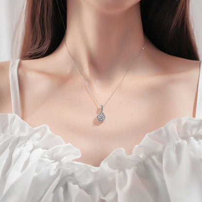 S925 High Carbon CZ Teardrop Halo Pendant Necklace with Pavé Top Frame, 6-11mm Cubic Zirconia, Sterling Silver Pear Shape Pendant for Her