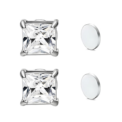 Stainless Steel Magnetic Princess Cut CZ Stud Earrings for Men Women, 6/8mm Square Cubic Zirconia Inlaid Magnetic Earrings Non-Piercing Clip On Studs