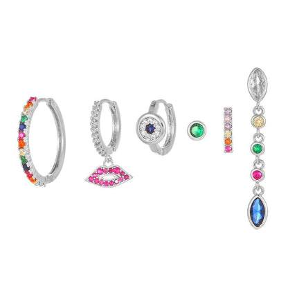 Multi Sets of Blue Flower Pierced Earrings, 4-6pcs, 18k Gold Plated Stud Drop Hoop Huggie Cuff Chain, S925 Needle, Stacked Lobe Designs with Dazzling Zirconia