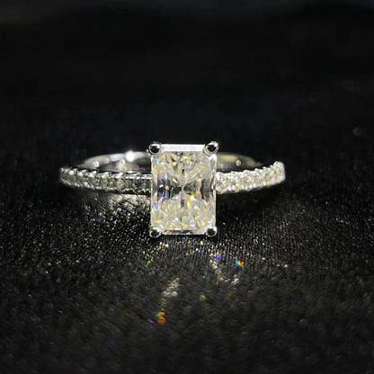 S925 Radiant Cut Moissanite & High Carbon Engagement Ring with Pavé-Set Band, 1-3 Carat VVS1 D-Color Certified, Four-Prong Sterling Silver Ring