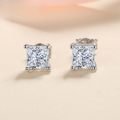S925 Square Princess Cut CZ or Moissanite Stud Earrings, 0.6-2ct Sterling Silver Hypoallergenic Zirconia Gift for Her Him