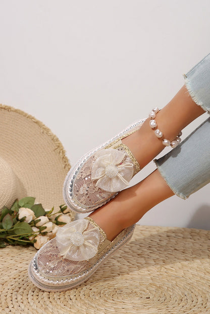 White Sequin Bow Thick Sole Casual Shoes